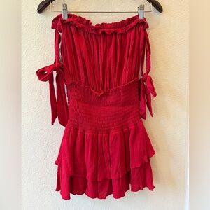 Olivaceous Red Ruffled Off-Shoulder Dress